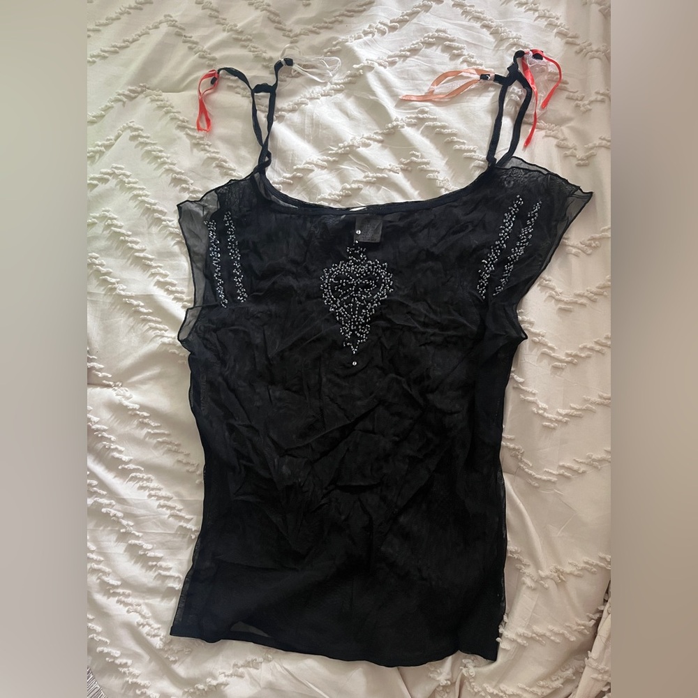 Stylish Free People Vintage Black Bead Embellished Sheer Women's Top Size Small